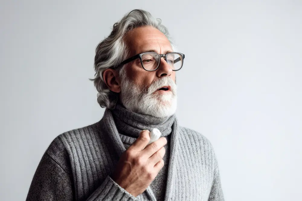 An old man using an inhaler, illustrating airway disorders