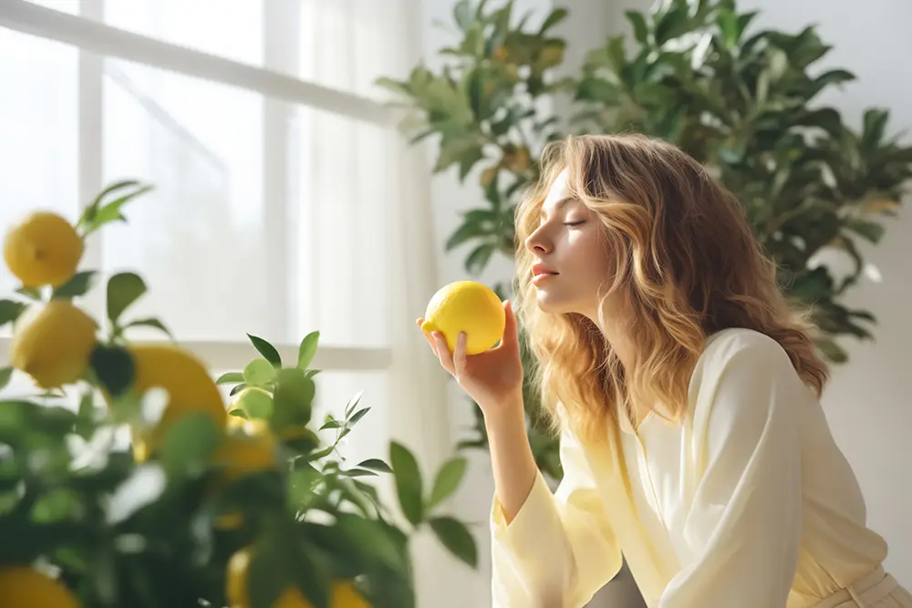 A woman smelling a lemon